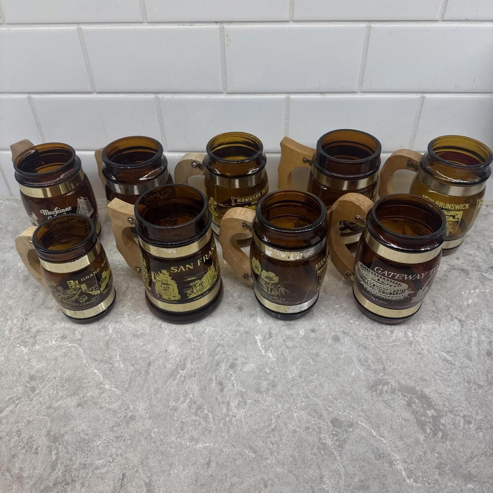 Lot of 9 Vintage Siesta Ware Souvenier Brown Barrel Glass Mugs w Wood Handles